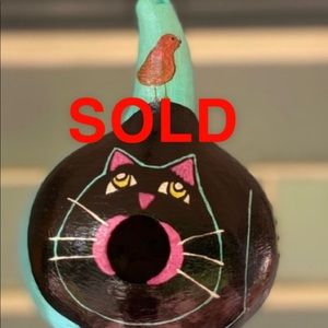 Hand painted Cat & Bird Gourd Birdhouse